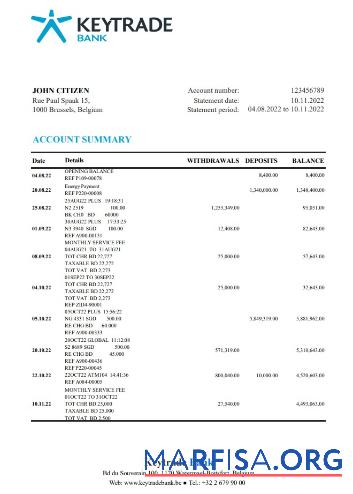 Printable Belgium Keytrade Bank statement excel example